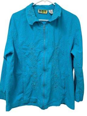Palm Grove Turquoise Embroidered Zip Jacket XL